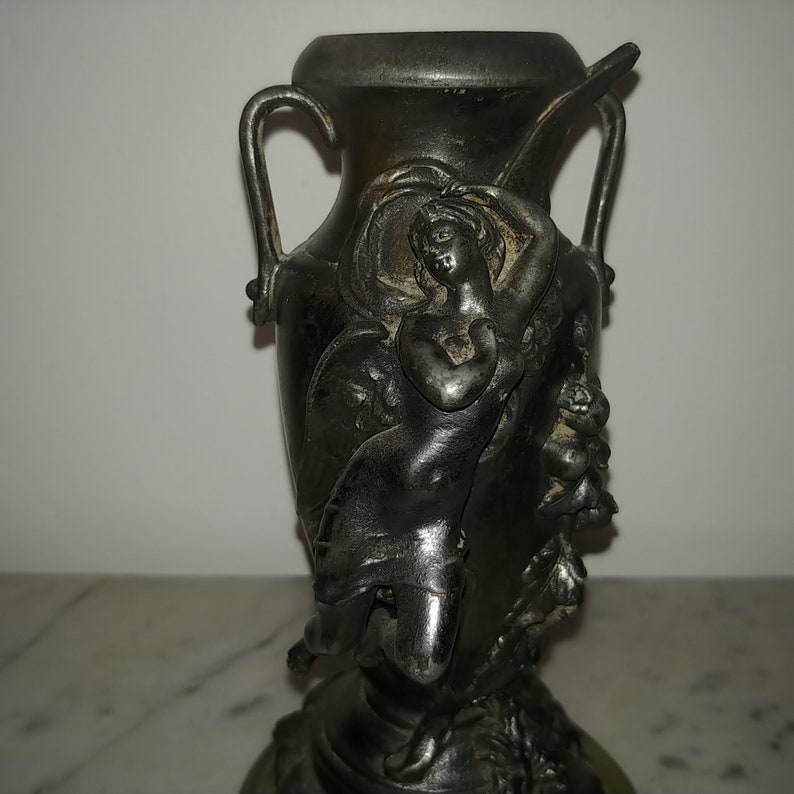 Antique French Art Nouveau spelter figural vase with angel image 0