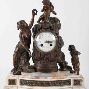 Antique French Empire bronzed & marble maiden cherubs figural mantle clock by Robin circa 1880s