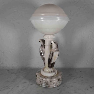 Antique Italian alabaster & marble pair of eagles table lamp with original globe 1920s