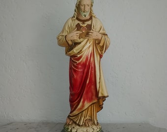 Outstanding tall antique religious art Italian plaster sculpture Jesus Christ & Sacred Heart by CARLI 1920s