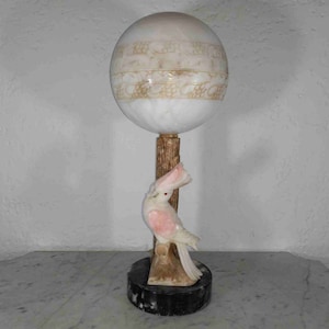 Antique 23 inches Italian alabaster marble cockatoo bird on branch table lamp & original etched ball shade 1920s
