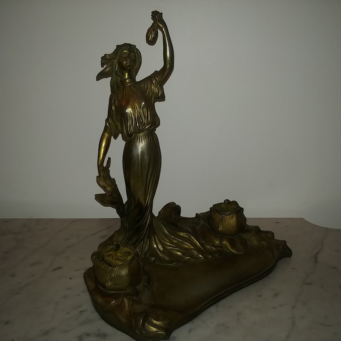 Large French Art Nouveau figural lady maiden gilt bronze image 1