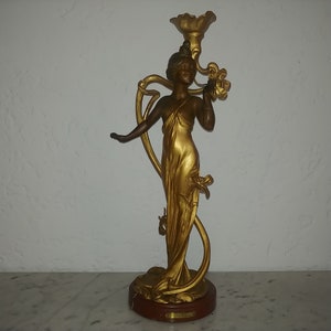 French Art Nouveau bronzed figural lady sculpture oil lamp base on rouge marble by Bonnefond 1900s