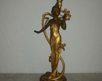 French Art Nouveau bronzed figural lady sculpture oil lamp base on rouge marble by Bonnefond 1900s