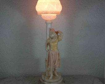 Antique Italian 25 in tall Art Deco pink yellow Harlequin girl figural alabaster marble lamp with globe 1920s