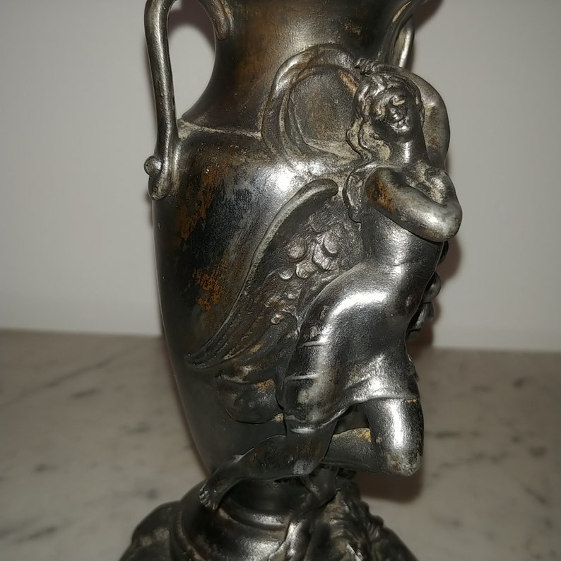 Antique French Art Nouveau spelter figural vase with angel image 5