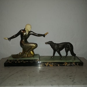 French Art Deco elegant lady & borzoi dog chryselephantine sculpture on onyx marble base ROGGIA 1920
