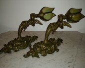 Stunning large pair neoclassical nude figural angels bronzed sconces lamps tulip slag glass shades 1930s