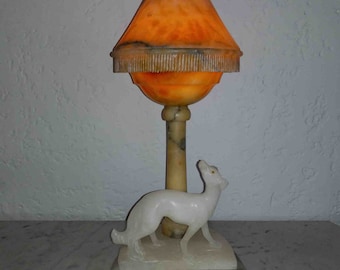 Rare antique Italian white & brown alabaster marble Saluki Greyhound dog figural globe lamp circa 1920s