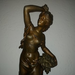 Antique 27 in French lady bronzed sculpture rouge marble base ‘’Bataille de fleurs’’ Mathurin Moreau 1870s