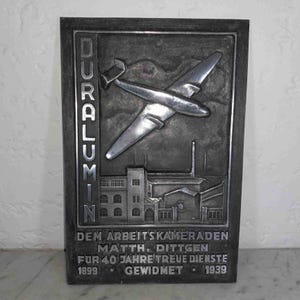 Rare militaria German Duralumin aviation employee 40 years service plaque by Louis DeMario 1939