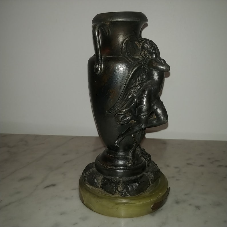 Antique French Art Nouveau spelter figural vase with angel image 4
