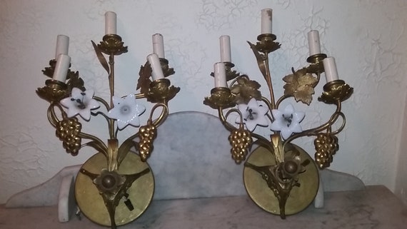 A Pair Vintage torch cherub wall sconces lamps crystal gilt brass bronze candles