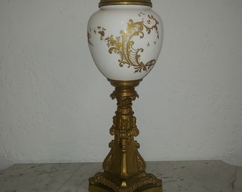 Rare antique 22 inches French gilt bronze banquet oil lamp base with angels cherubs & chimeras 1870s