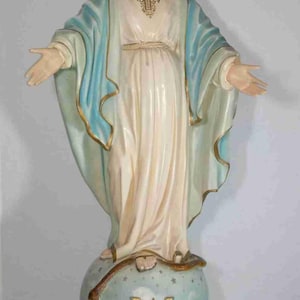 Antique 48 inches French religious art church plaster sculpture crown Virgin Mary on globe & snake Bernardi Nieri 1900s