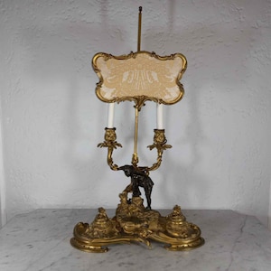 Rare antique French Louis XV figural double candle bronze lamp & inkwell with silk shade circa 1880s
