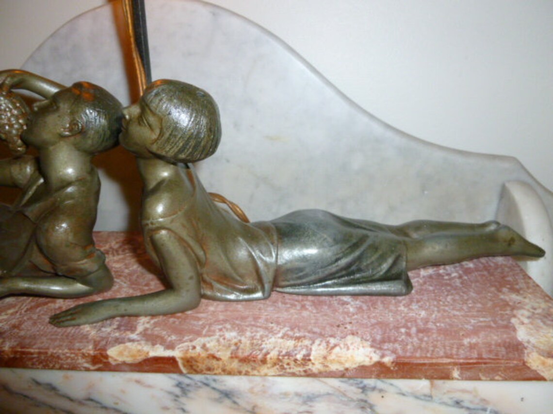 Rare French Art Deco spelter woman and man umbrella figural image 3
