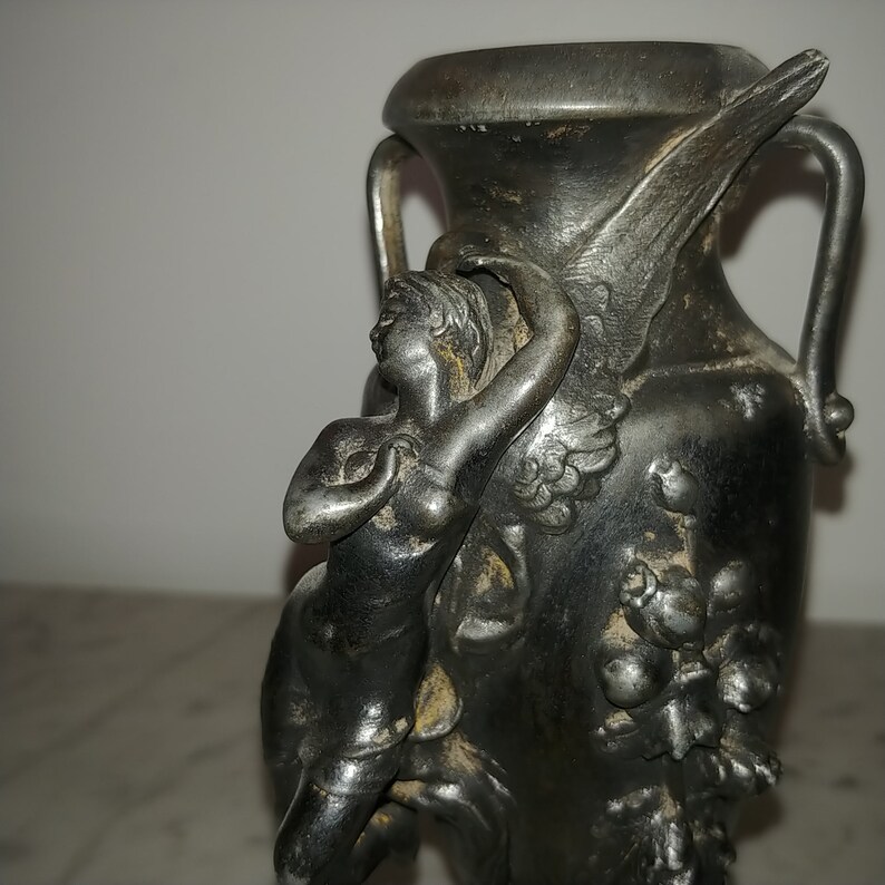 Antique French Art Nouveau spelter figural vase with angel image 6