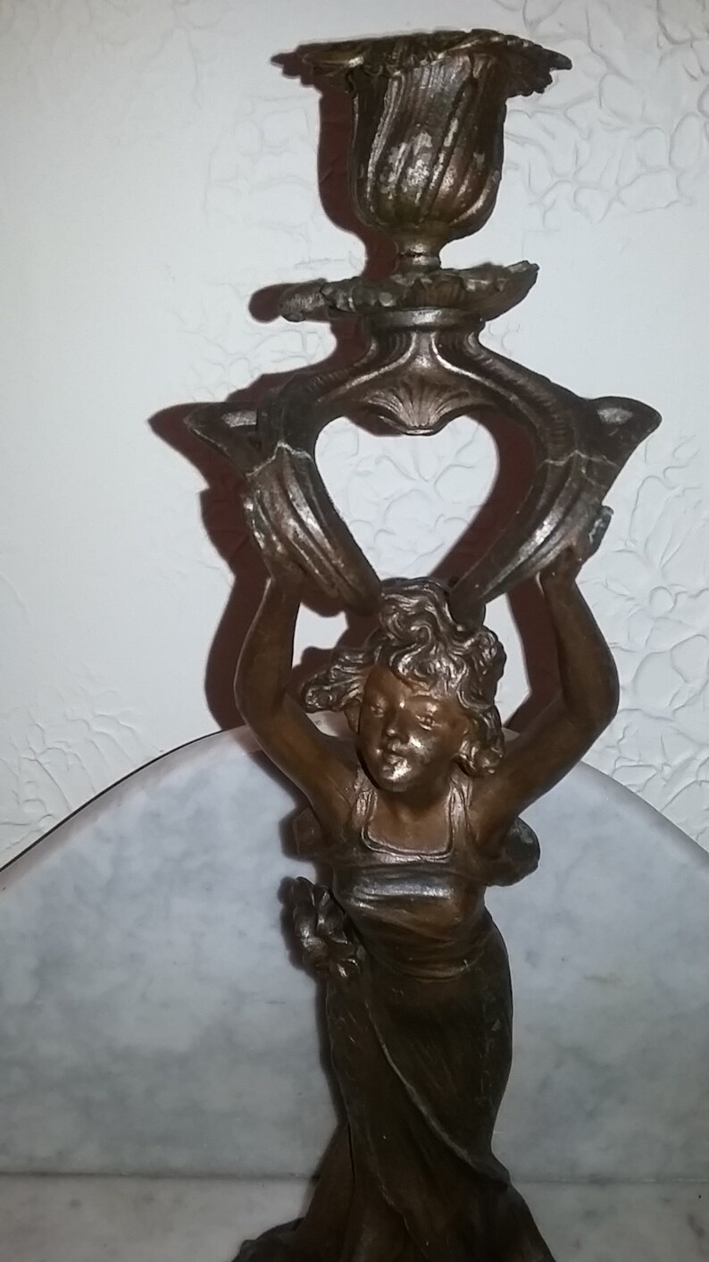 Antique Art Nouveau lady woman figural spelter candlestick image 0