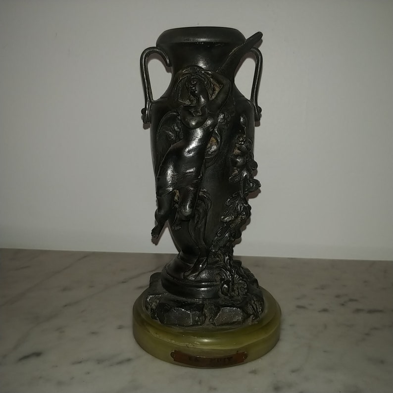 Antique French Art Nouveau spelter figural vase with angel image 1