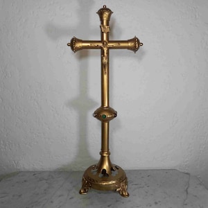 Antique religious art 27 in French gilt church altar crucifix cross Jesus Christ INRI & cabochon gems 1880s