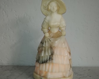 Stunning antique 14 inches Italian alabaster figural Victorian girl with hat & dress table lamp circa 1920s
