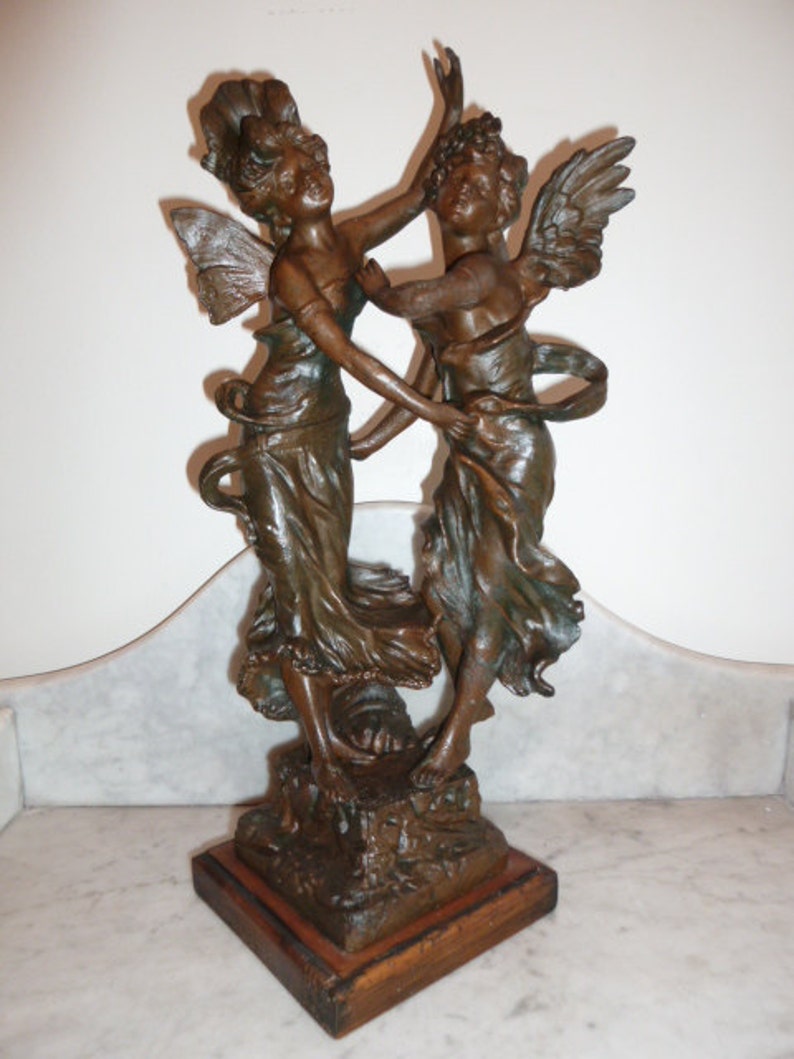 Antique French Art Nouveau spelter sculpture of a winged fairy image 1