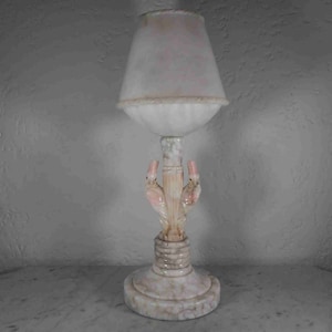 Antique 22 inches Italian alabaster & marble cockatoo birds table lamp with glass eyes and original shade 1920s