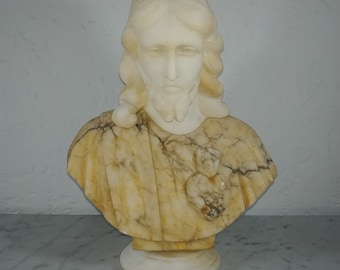 Antique 14 inches Jesus Christ & Sacred Heart religious art Italian marble bust sculpture signed 1890s