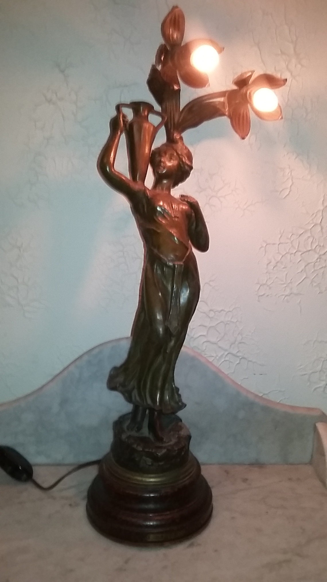 Antique French Art Nouveau spelter figural lady with urn lamp image 2