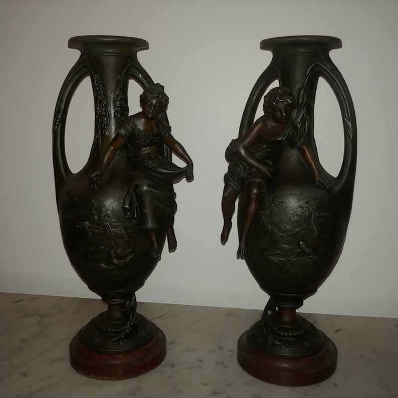 Antique pair of French figural Art Nouveau bronzed spelter image 0