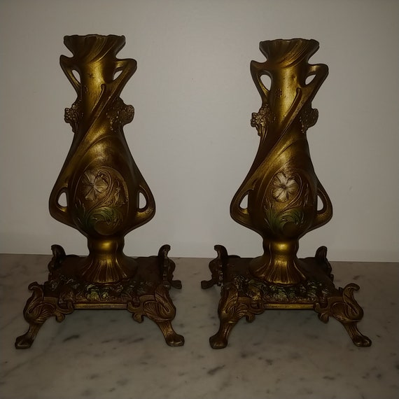 Antique French Art Nouveau Pair Of Polychrome Spelter Metal Etsy