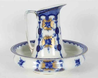 Stunning aesthetic Art Nouveau flow blue pitcher and washing bowl porcelain set circa 1890s