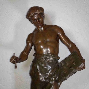 Rare French antique 30 inches bronzed allegorical partly athletic man sculpture The Sciences by Picault 1890s