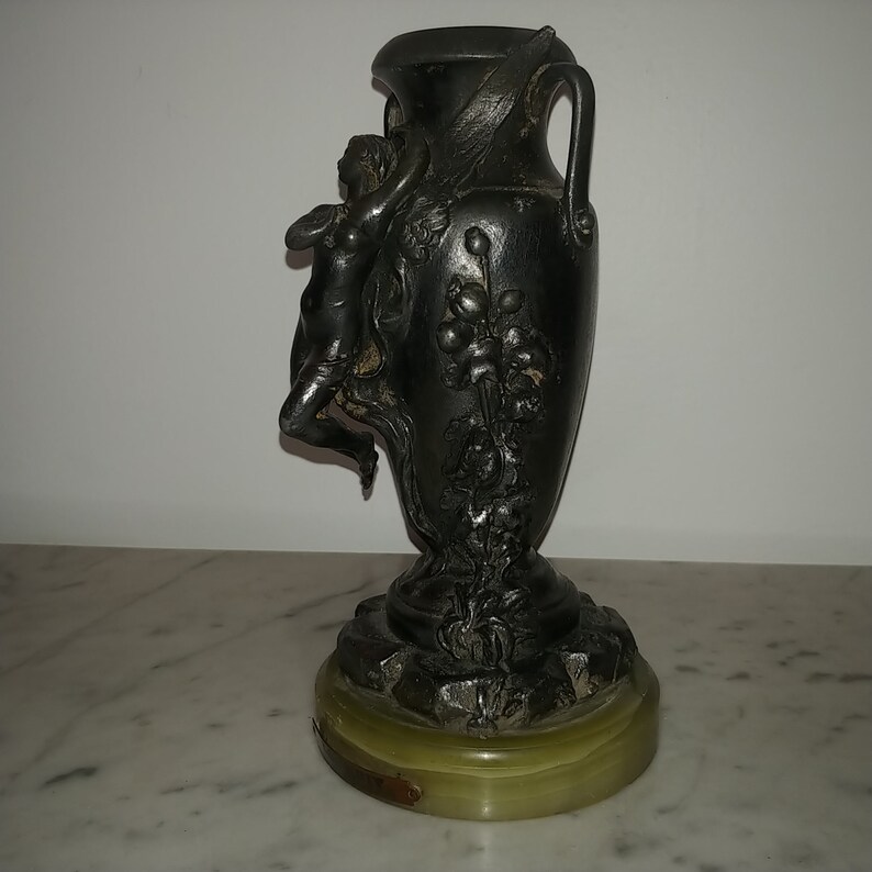 Antique French Art Nouveau spelter figural vase with angel image 2