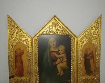 Superbe triptyque d'art religieux italien néogothique huile sur panneau en bois doré vierge Marie bébé Jésus anges années 1850