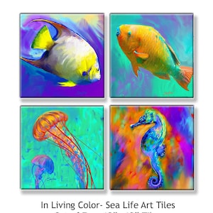 4 HANDMADE Sea life Ceramic Marine Tile Set JELLYFISH, Fish, SEAHORSE Mural Art ~ Backsplash ~ Waterproof Coastal Nautical Beach House Decor