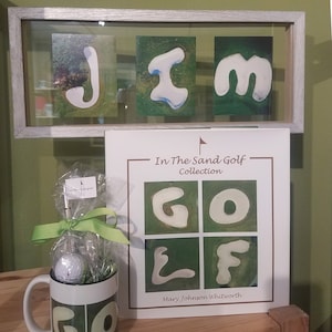 Golf Regalo Cesta con libro enmarcado 3-4 nombre de la letra GOLF Candy Taza