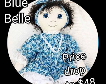 Blue-Belle Doll / Rag Doll /cloth doll / fabric doll / heirloom doll / heritage doll / country doll / golly doll /  handmade doll/white doll