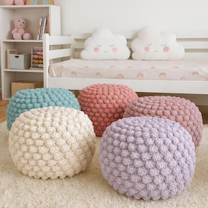 かぎ針編みのパターン Tシャツヤーン ボブルプーフ ビデオチュートリアル DIY かぎ針編みのプーフ、プーフ、オットマン、フットスツール、ホームデコレーション、ビーンバッグ、フロアクッション