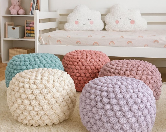 CROCHET PATTERN T-Shirt Yarn Bobble Pouffe Video Tutorial Diy Crochet Pouf Poof, Ottoman, Footstool, Home Decor, Bean Bag, Floor cushion
