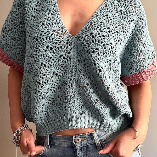 CROCHET PATTERN SHELLY Top, Adult Crochet , Women Granny Square Jacket Crochet Pullover Crochet Tutorial Easy Crochet Cardigan, Sweater