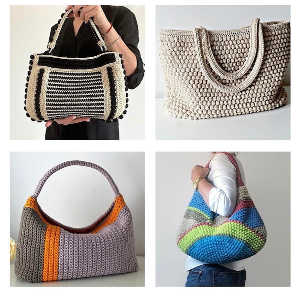 4 CROCHET PATTERNS Crochet Bag Pattern Tote Pattern crochet purse  woman bag, shopping bag, summer bag handbag crochet shoulder bag
