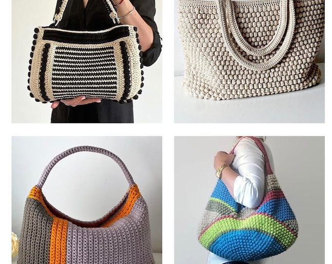 4 CROCHET PATTERNS Crochet Bag Pattern Tote Pattern crochet purse  woman bag, shopping bag, summer bag handbag crochet shoulder bag