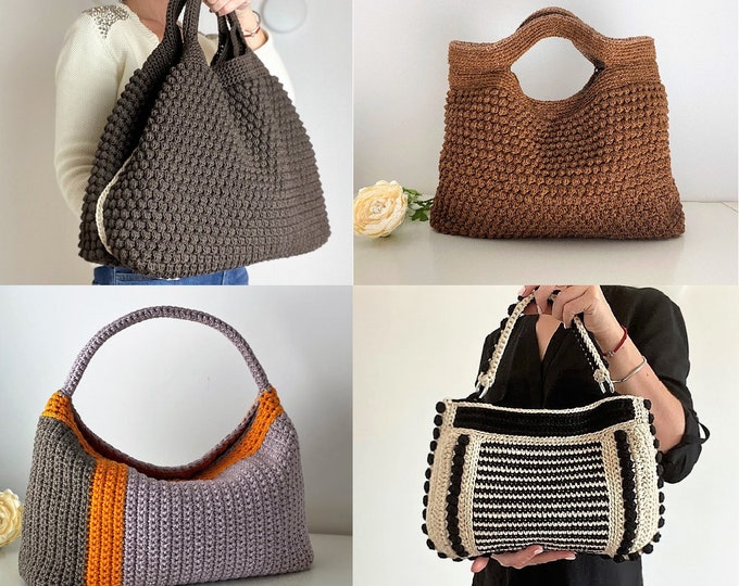 4 CROCHET PATTERNS Crochet Bag Pattern Tote Pattern crochet purse  woman bag, shopping bag, summer bag handbag crochet shoulder bag