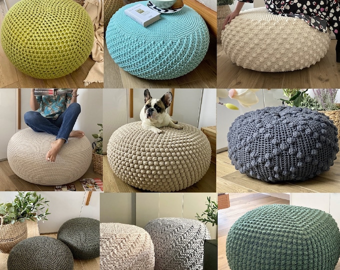 9 CROCHET PATTERNS Best of isWoolish Poufs Crochet Pouf Floor cushion Patterns & Tutorials, DIY Footstool pattern, crochet pattern
