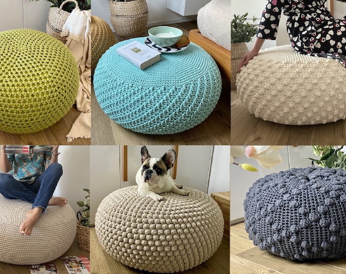 6 CROCHET PATTERNS Crochet Pouf Floor cushion Patterns & Tutorials, DIY Footstool pattern, crochet pattern