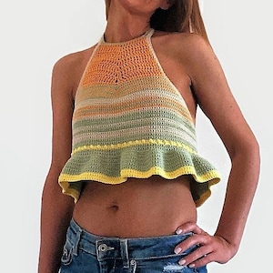 かぎ針編みパターン フルール クロップトップ 大人用 かぎ針編み、女性用 おばあちゃん スクエア シャツ サマートップ ブラウス DIY チュートリアル