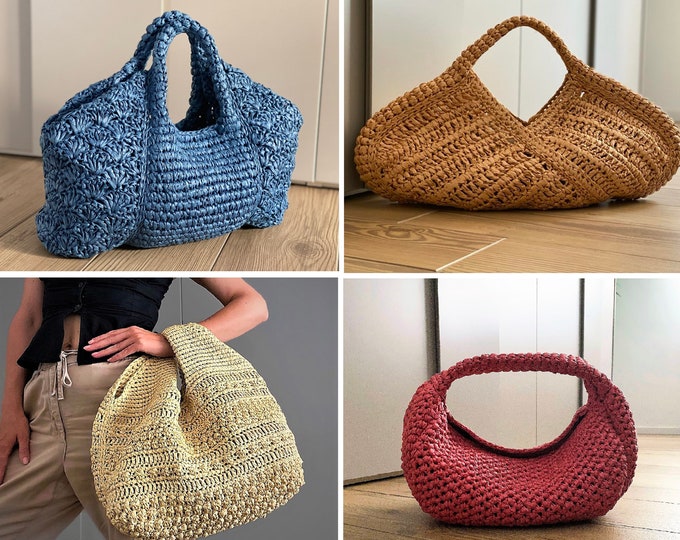 4 CROCHET PATTERNS Raffia Bag Pattern Tote Pattern crochet purse  woman bag, shopping bag, summer bag handbag crochet shoulder bag