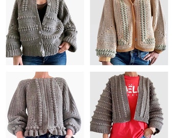 May include: Four different crochet cardigans with bobble stitch detail. The cardigans are in various shades of gray and beige. Two of the cardigans have a ruffled hem.